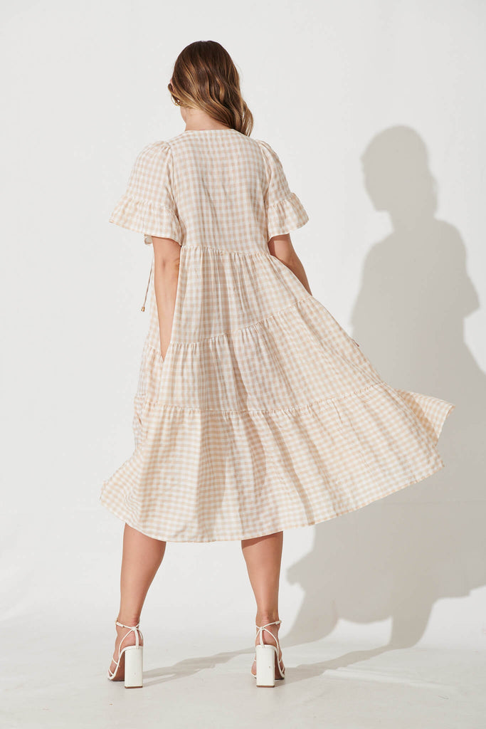 Charliese Midi Dress In Beige And White Gingham Cotton Blend - back