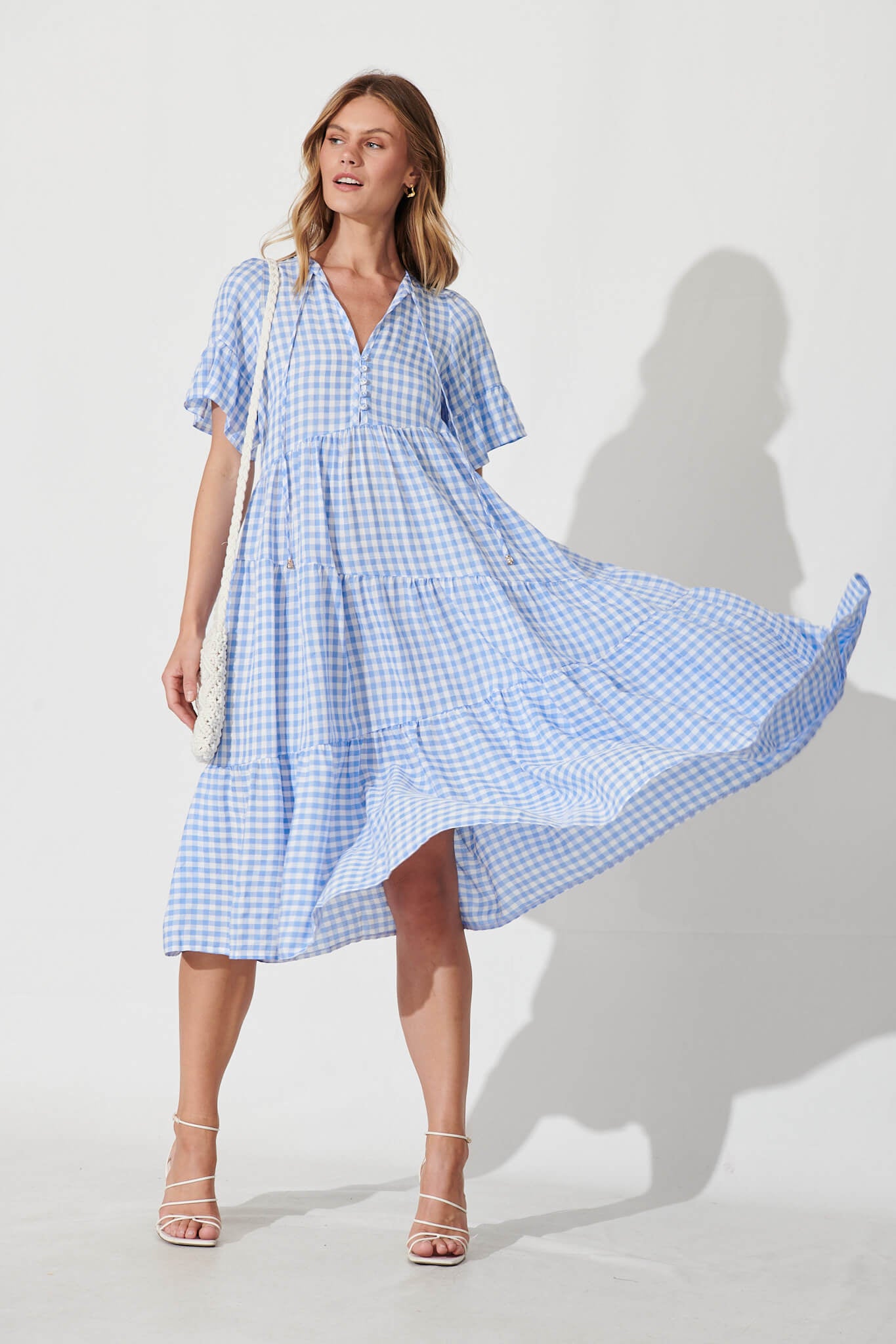 Charliese Midi Dress In Blue And White Gingham Cotton Blend - full length