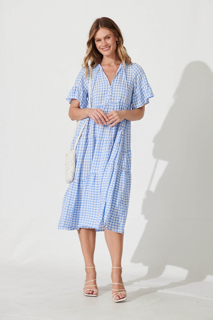 Charliese Midi Dress In Blue And White Gingham Cotton Blend - full length