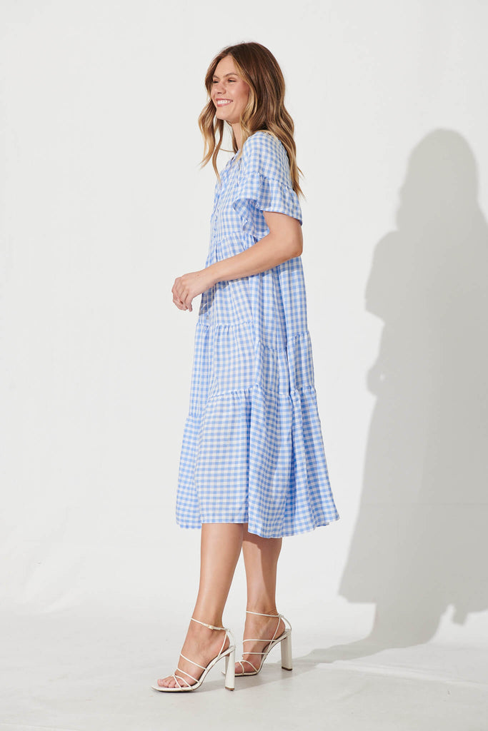 Charliese Midi Dress In Blue And White Gingham Cotton Blend - side