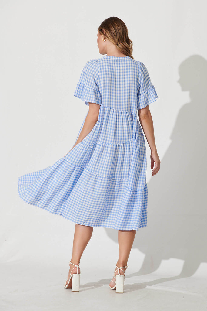 Charliese Midi Dress In Blue And White Gingham Cotton Blend - back