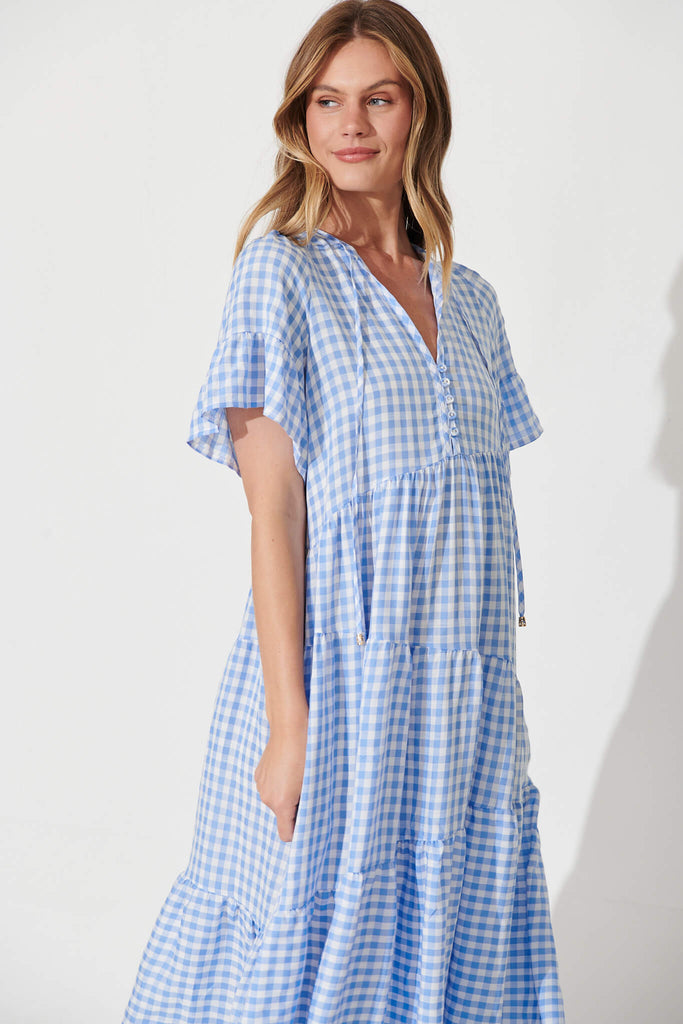 Charliese Midi Dress In Blue And White Gingham Cotton Blend - front