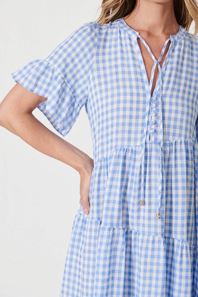 Charliese Midi Dress In Blue And White Gingham Cotton Blend - detail