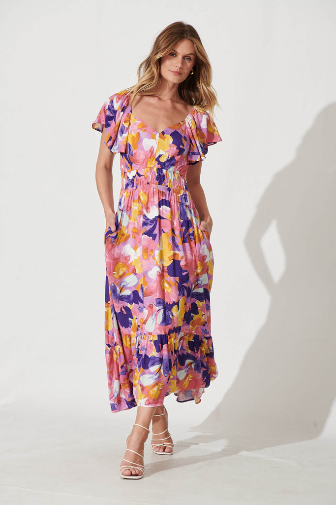 Lilith Midi Dress In Pink And Purple Print - full length