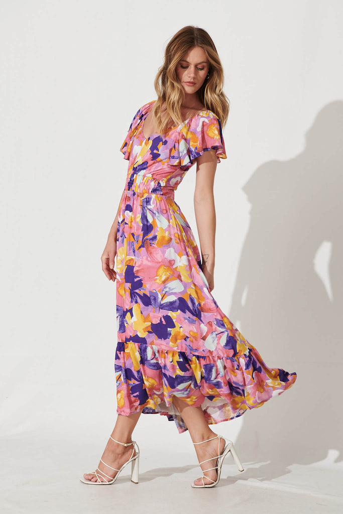 Lilith Midi Dress In Pink And Purple Print - side