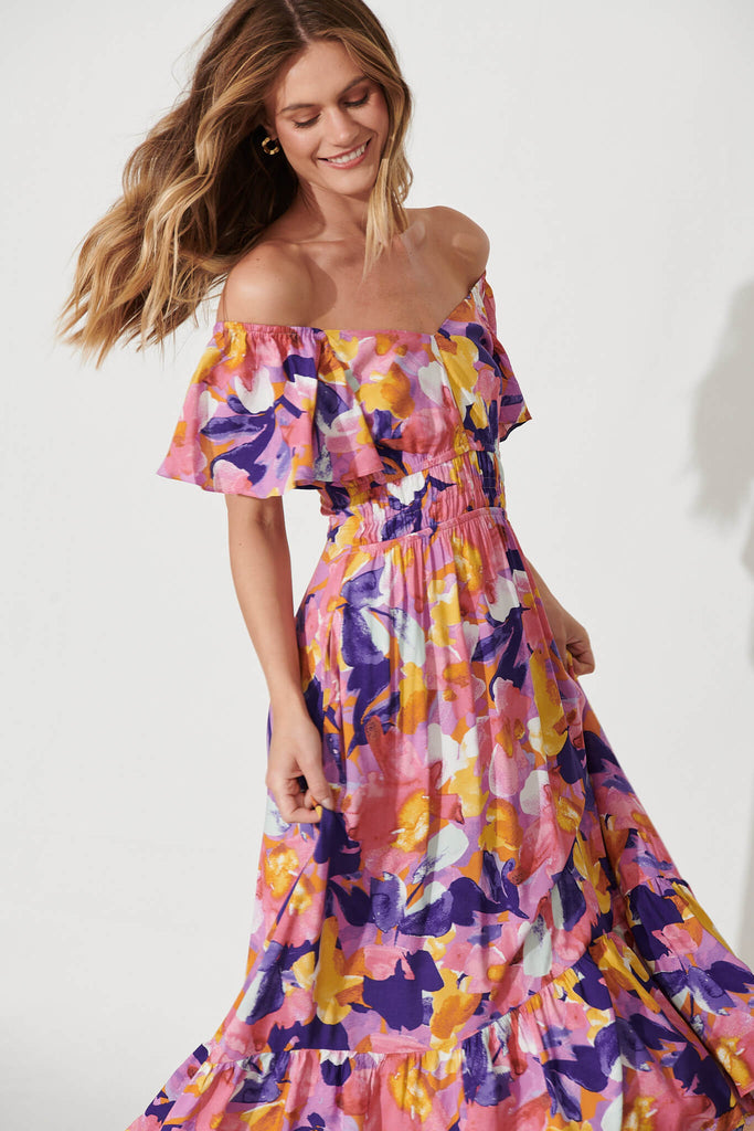 Lilith Midi Dress In Pink And Purple Print - front