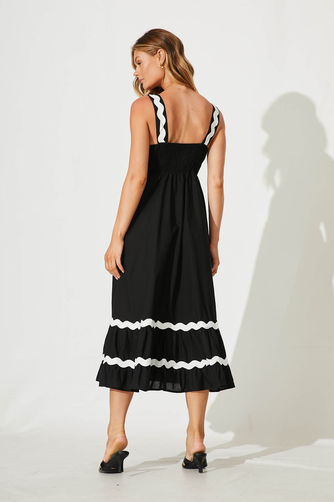Idol Midi Sundress In Black With White Ric Rac Trim Cotton St Frock Idol Midi Sundress In Black With White Ric Rac Trim Cotton St Frock