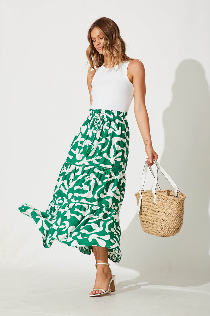 Freedom Maxi Skirt In Green With White Print - full length