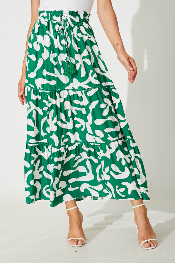 Freedom Maxi Skirt In Green With White Print - front