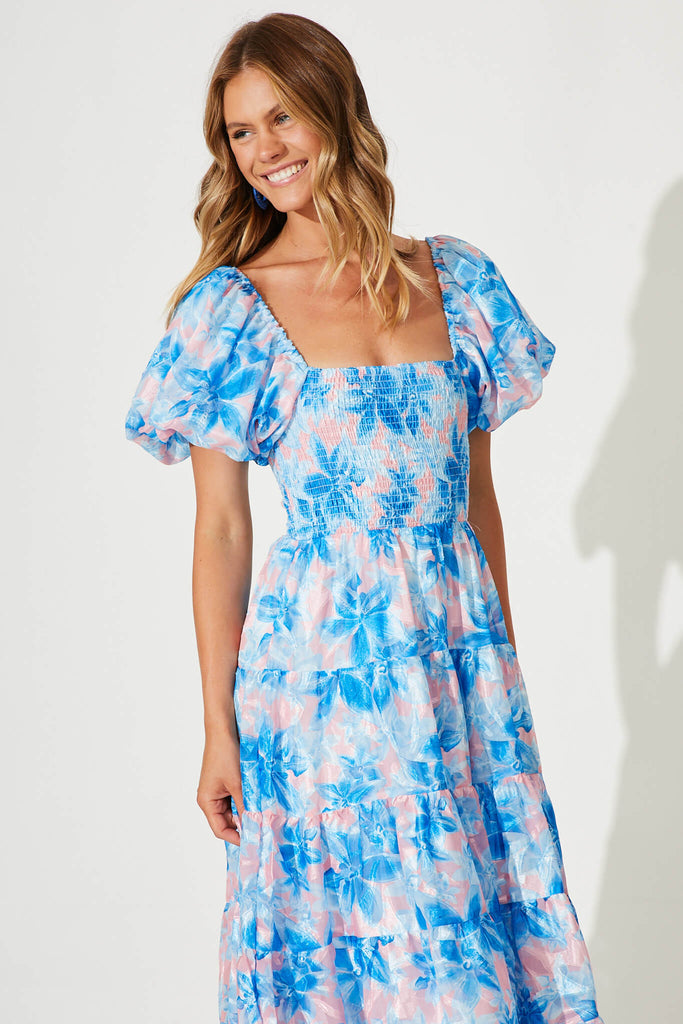 Kaito Midi Dress In Blue With Blush Floral Burnout Chiffon - front