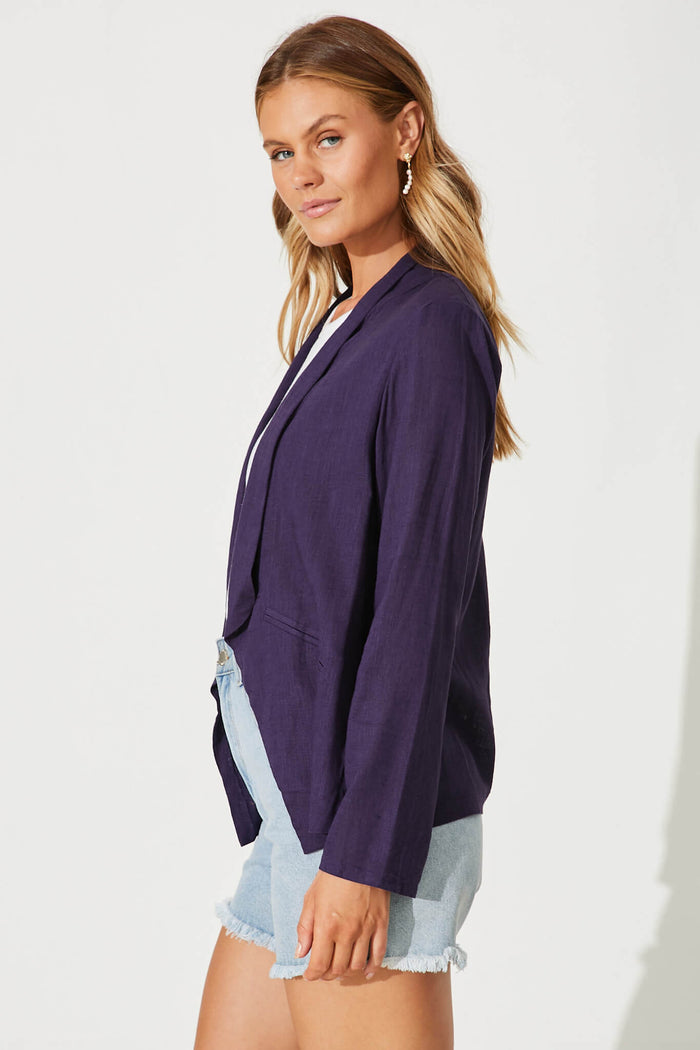 Moresby Blazer In Navy Cotton Linen - side