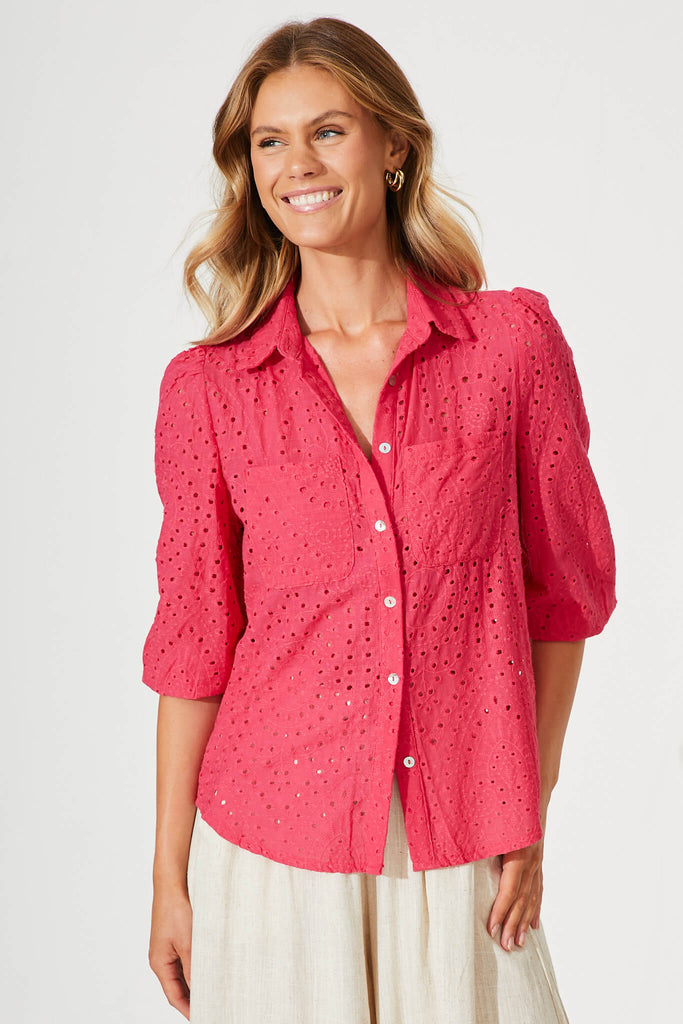 Delight Shirt In Pink Broderie Linen Blend - front