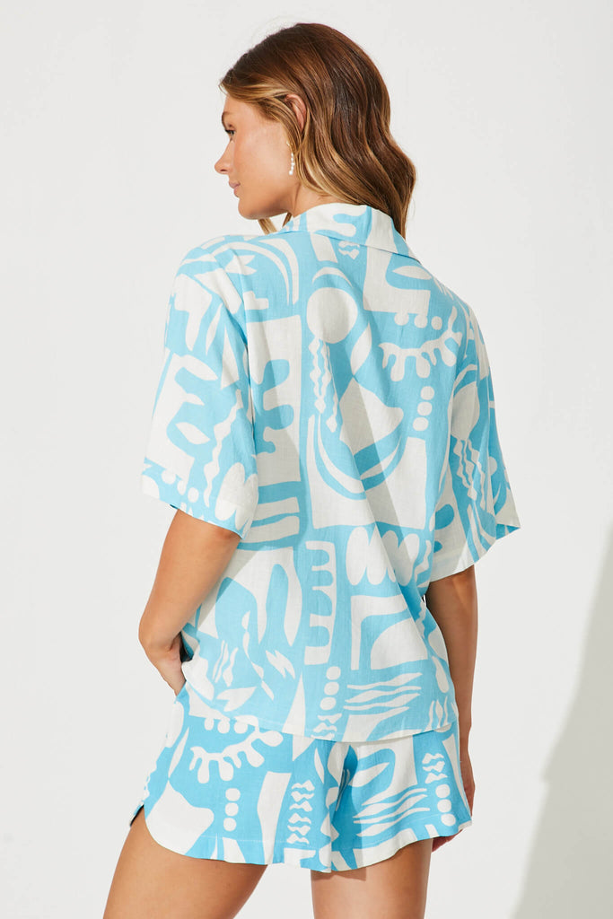 Florentio Shirt In Blue With White Print Linen Blend - back