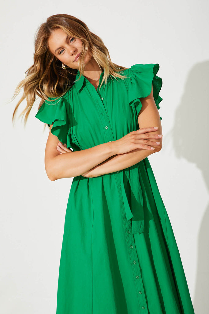Miles Midi Shirt Dress In Green Cotton - front