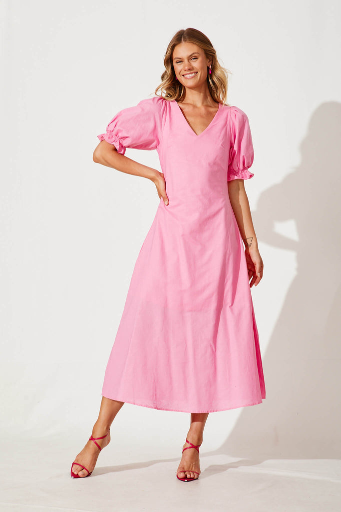 Distant Maxi Dress In Pink Cotton Linen - full length