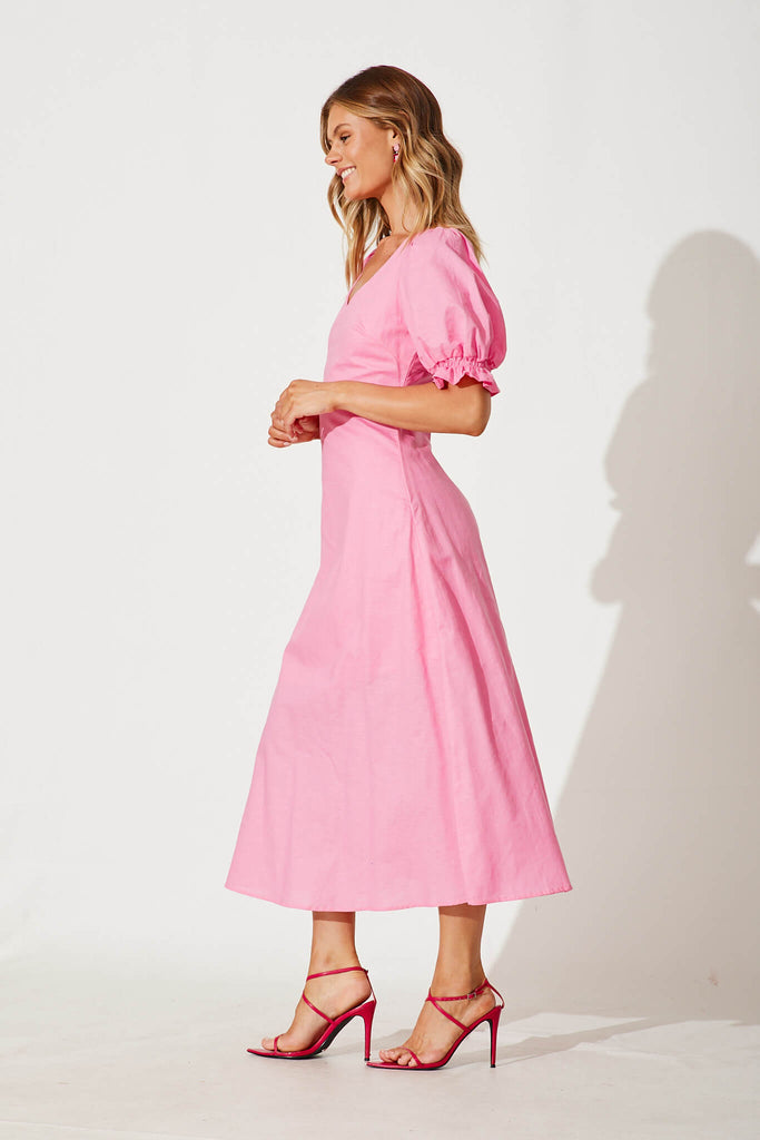 Distant Maxi Dress In Pink Cotton Linen - side