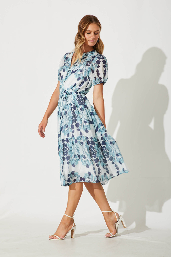 Gallery Midi Dress In Blue Leaf Print Cotton Blend - side