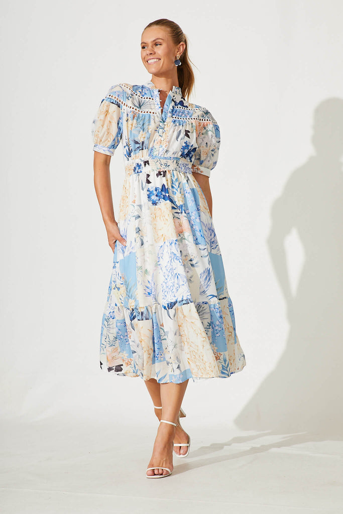 Lynette Midi Dress In Beige With Blue Patch Floral - full length