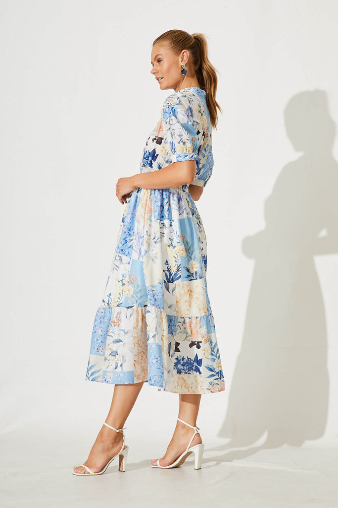 Lynette Midi Dress In Beige With Blue Patch Floral - side