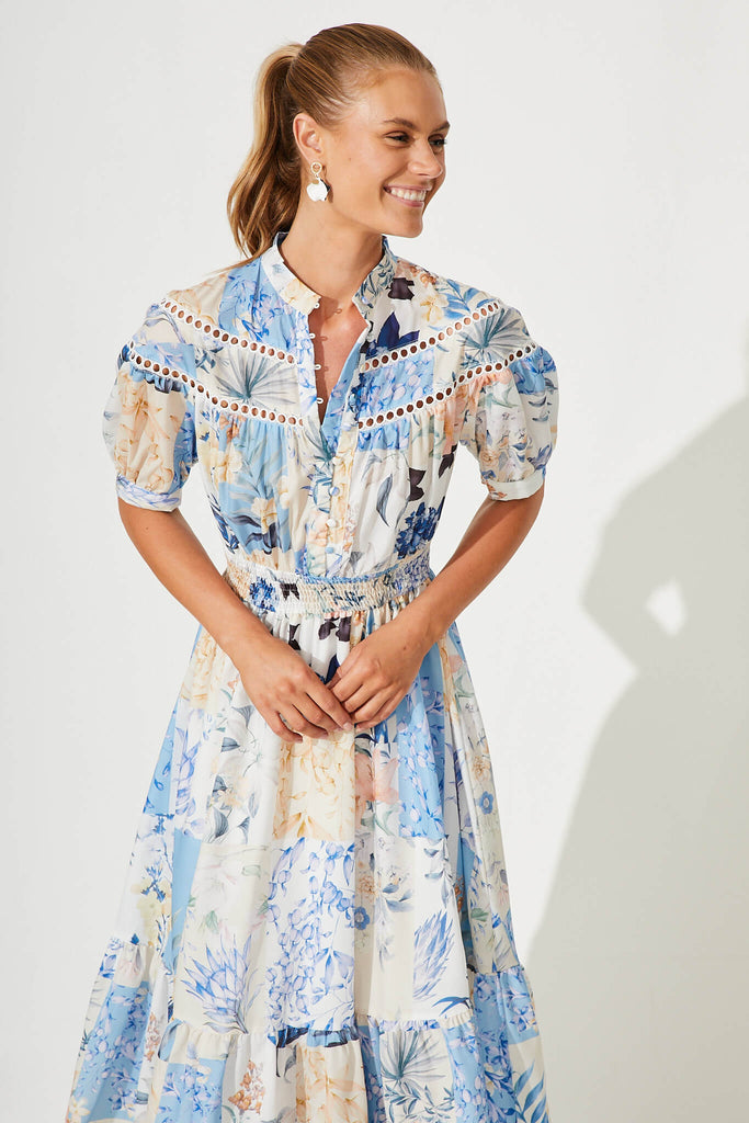 Lynette Midi Dress In Beige With Blue Patch Floral - front