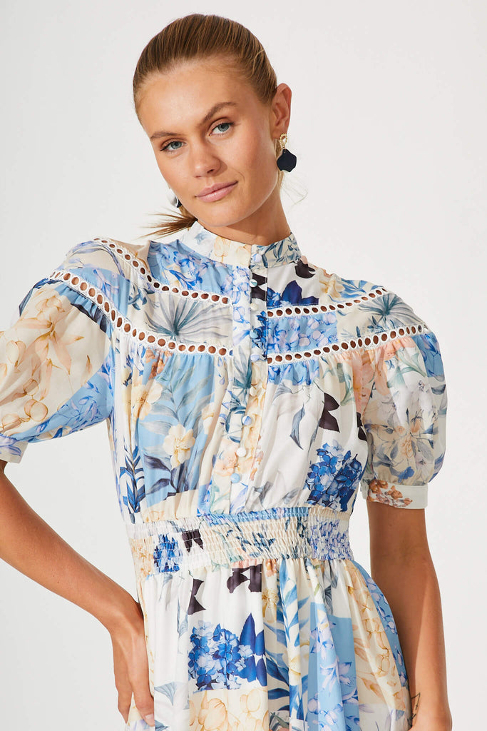 Lynette Midi Dress In Beige With Blue Patch Floral - detail