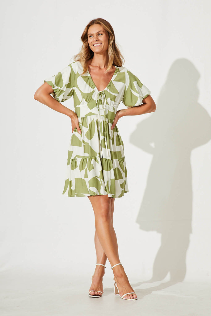 Julieta Dress In Olive And Cream Geometric Print - full length
