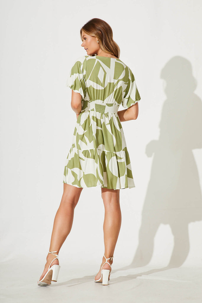 Julieta Dress In Olive And Cream Geometric Print - back