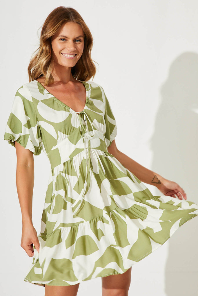 Julieta Dress In Olive And Cream Geometric Print - front