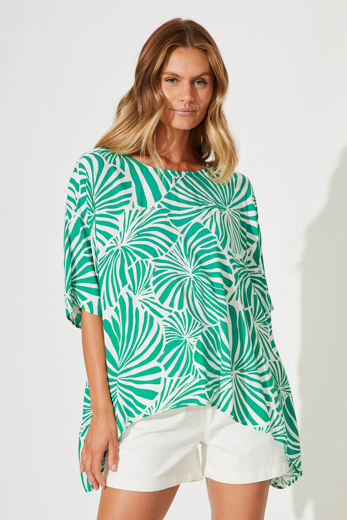 Sonica Top In Green And White Palm Print - front