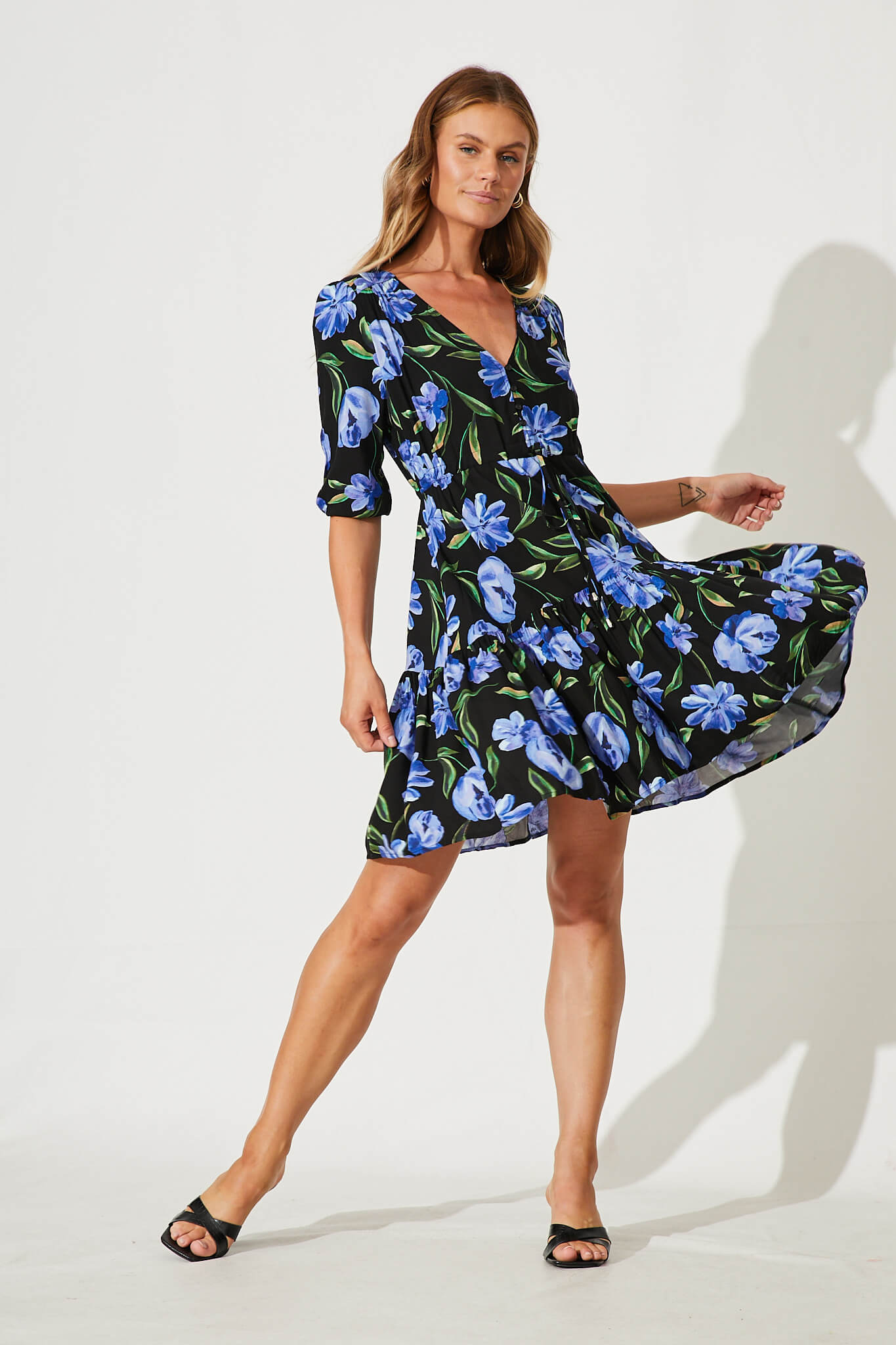 Nicolette Dress In Black With Blue Floral - full length