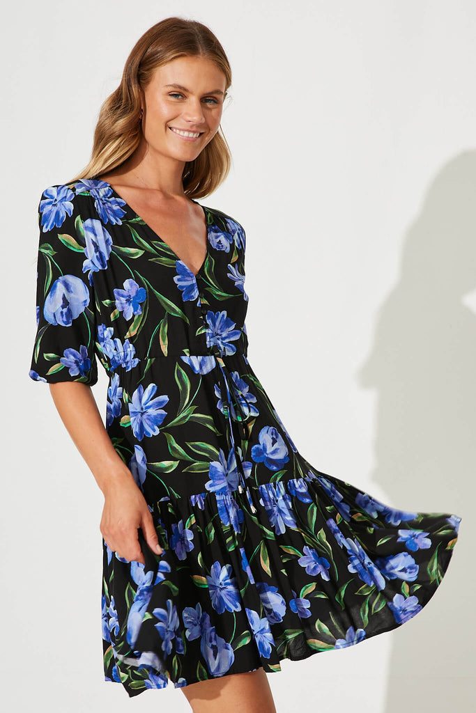 Nicolette Dress In Black With Blue Floral - front