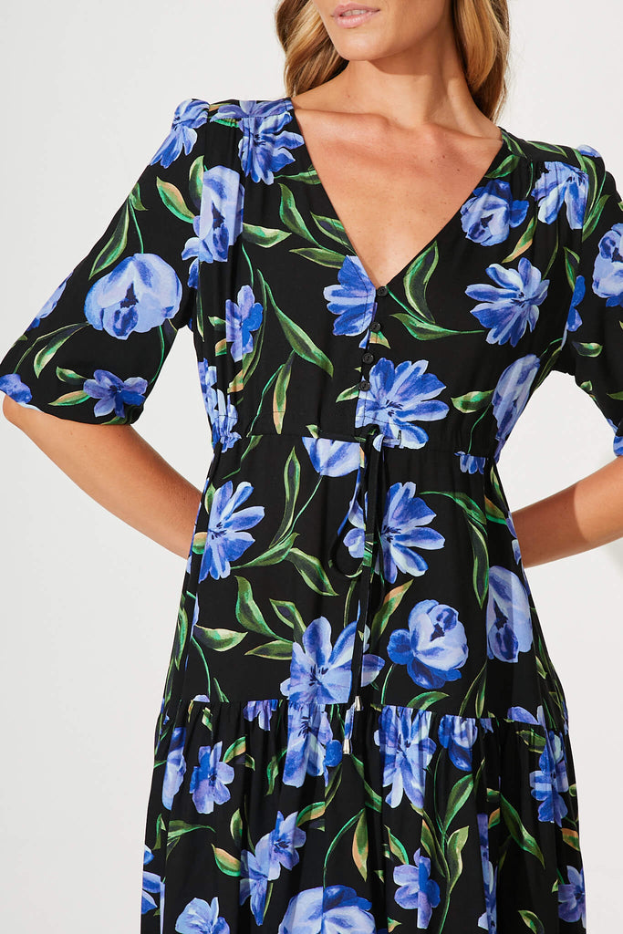 Nicolette Dress In Black With Blue Floral - detail