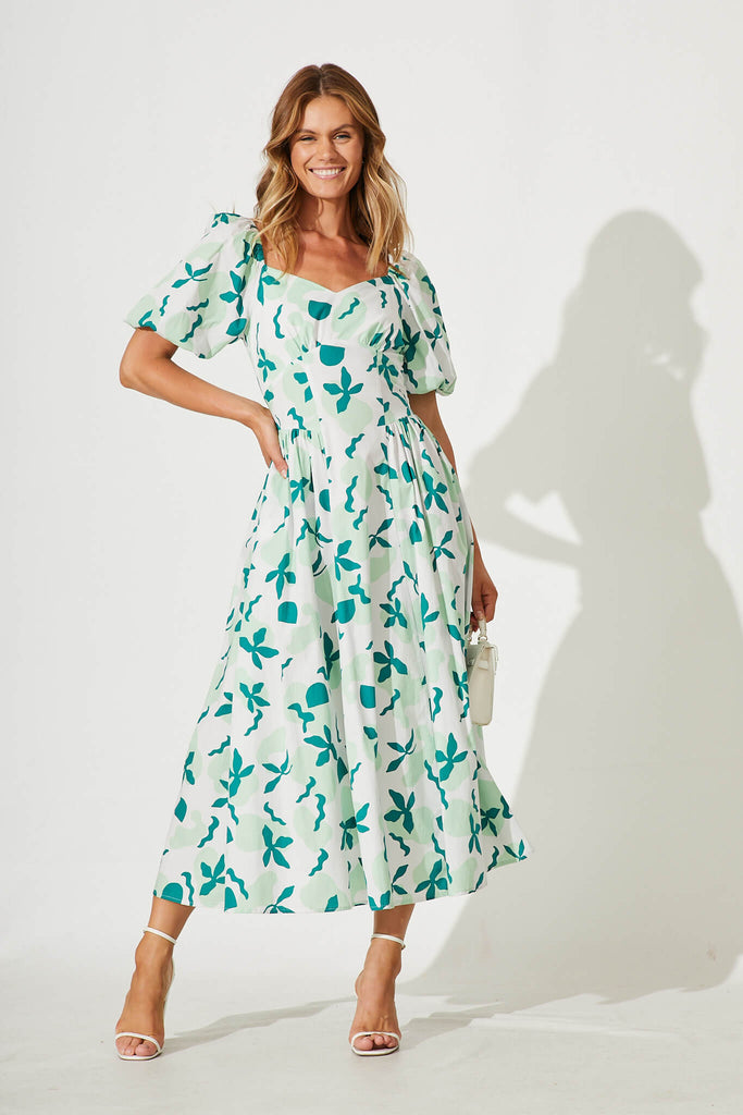 Norah Maxi Dress In White With Green Cotton - full length