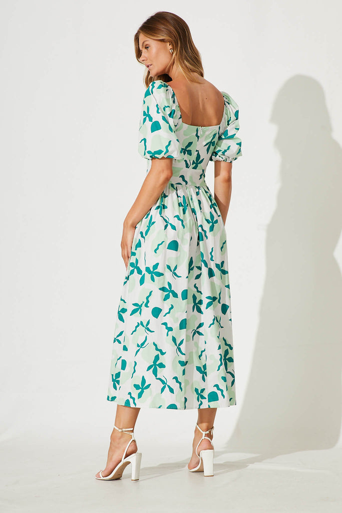 Norah Maxi Dress In White With Green Cotton - back