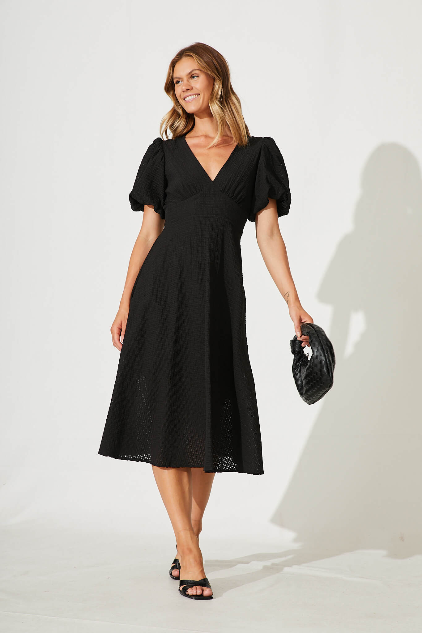 Zeta Midi Dress In Black Textured Organza Cotton Blend - full length
