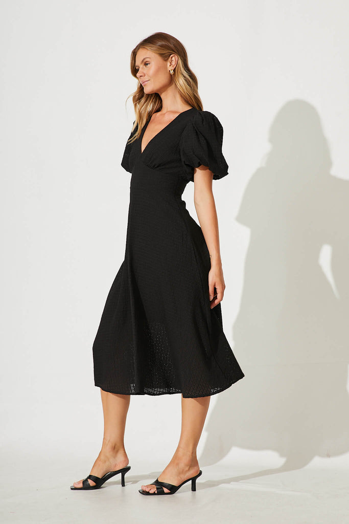 Zeta Midi Dress In Black Textured Organza Cotton Blend - side