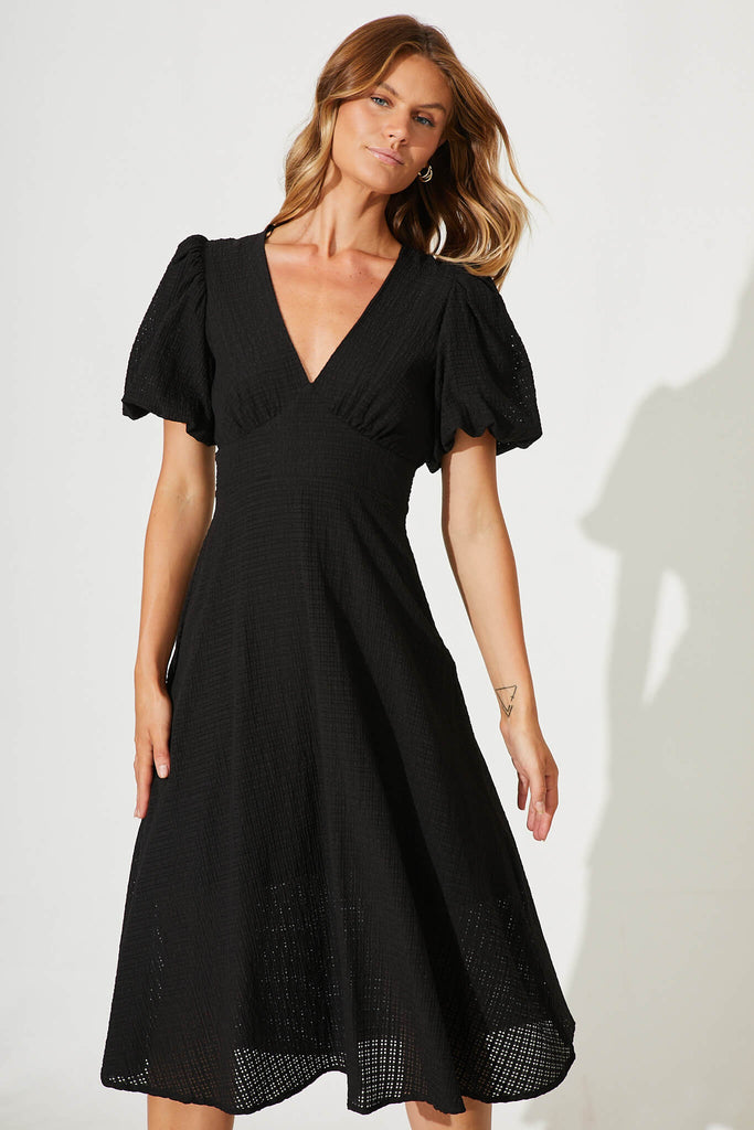 Zeta Midi Dress In Black Textured Organza Cotton Blend - front