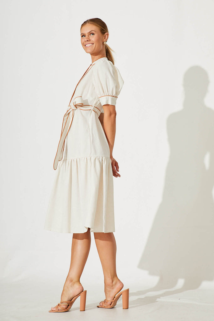 Darina Midi Shirt Dress In Oatmeal With Tan Linen Blend - side