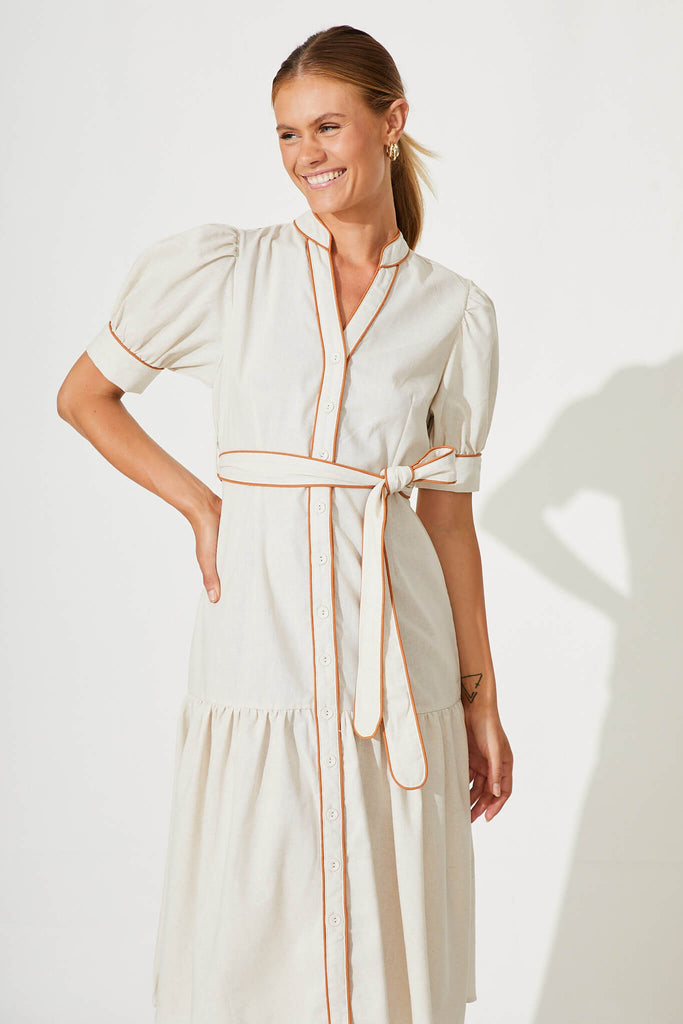 Darina Midi Shirt Dress In Oatmeal With Tan Linen Blend - front
