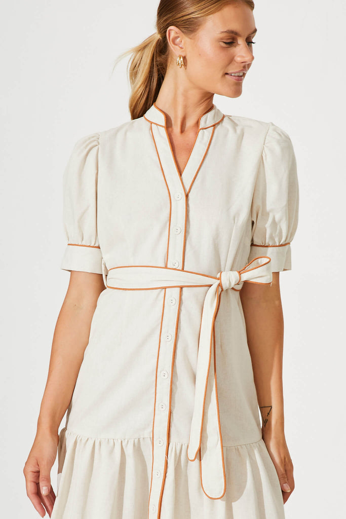 Darina Midi Shirt Dress In Oatmeal With Tan Linen Blend - detail