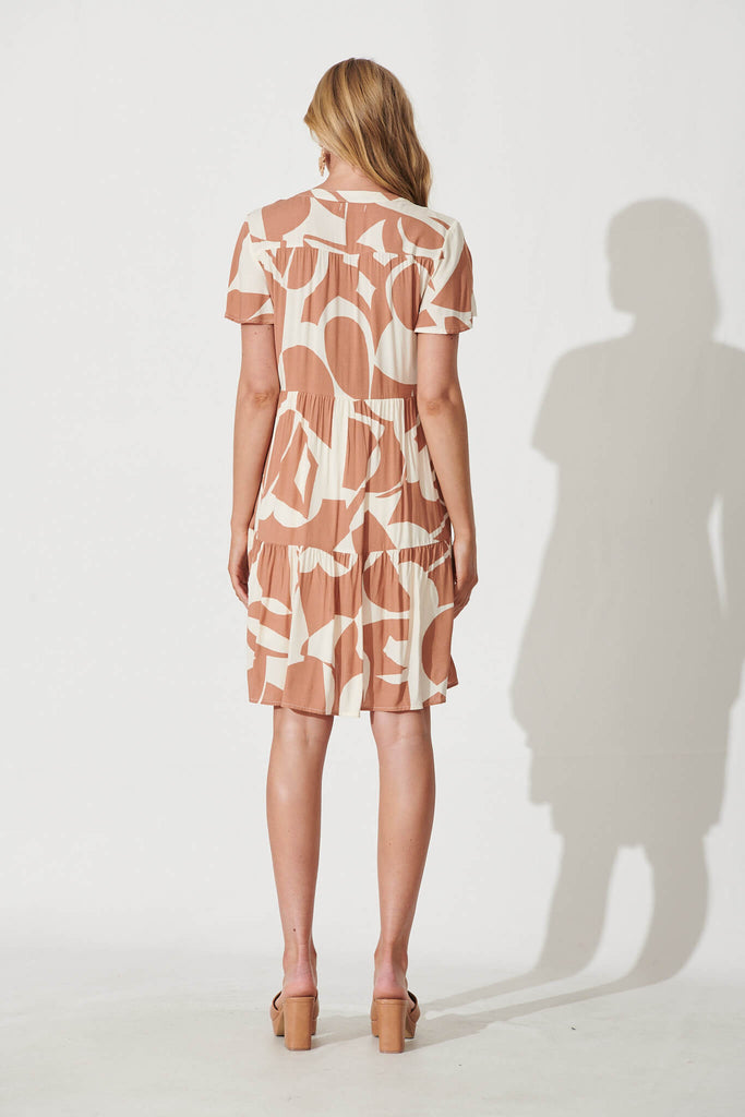 Beatrice Smock Dress In Tan With Cream Geometric Print - back