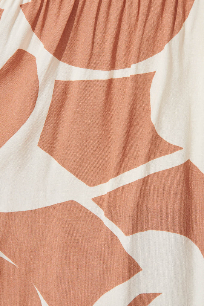 Beatrice Smock Dress In Tan With Cream Geometric Print - fabric