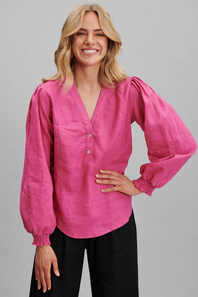 Republica Top In Hot Pink Pure Linen - front