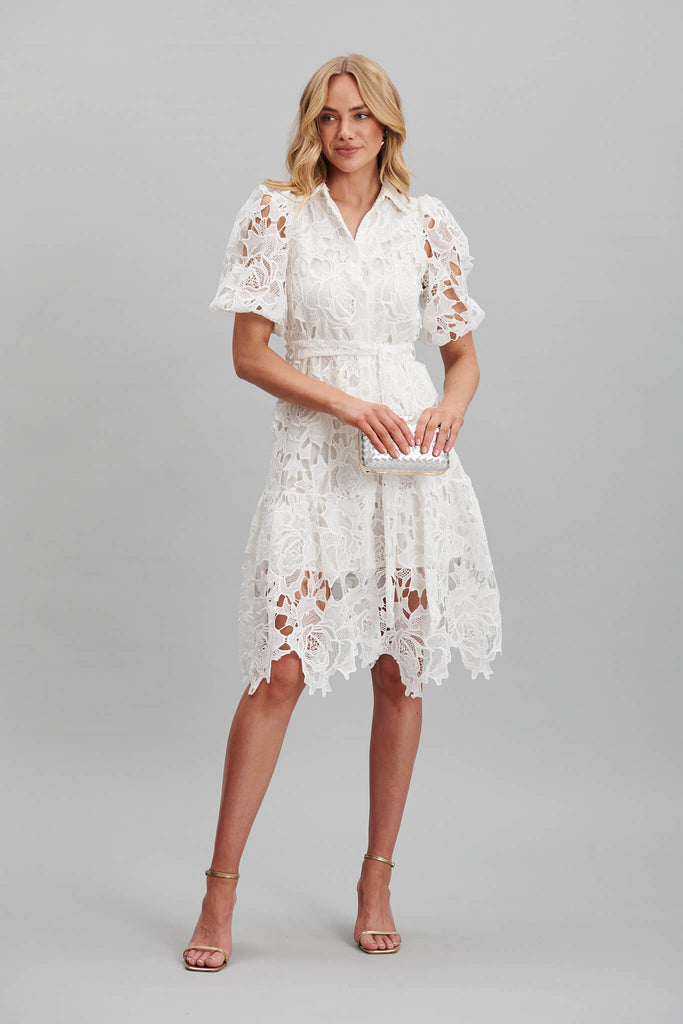 Jazzlyn Shirt Dress In White Lace - full length