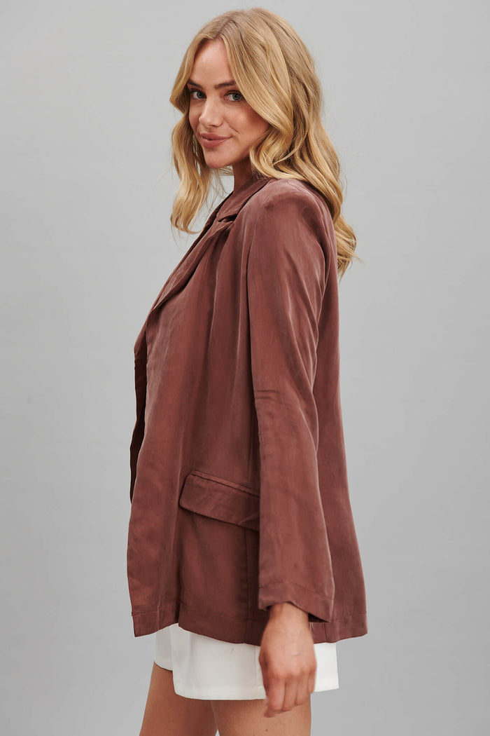 Belmore Blazer In Chocolate Cupro Blend - side
