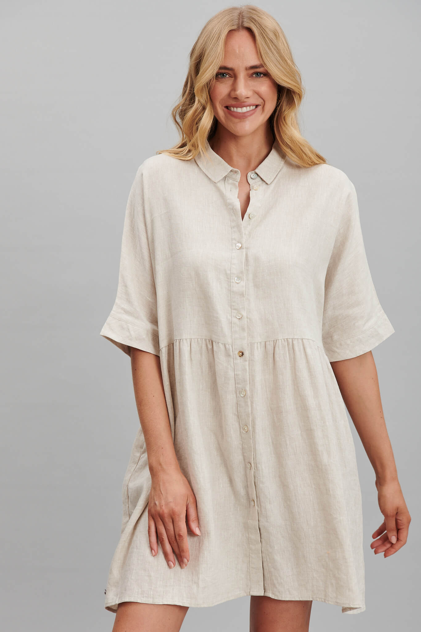 Simpson Smock Dress In Oatmeal Pure Linen - front