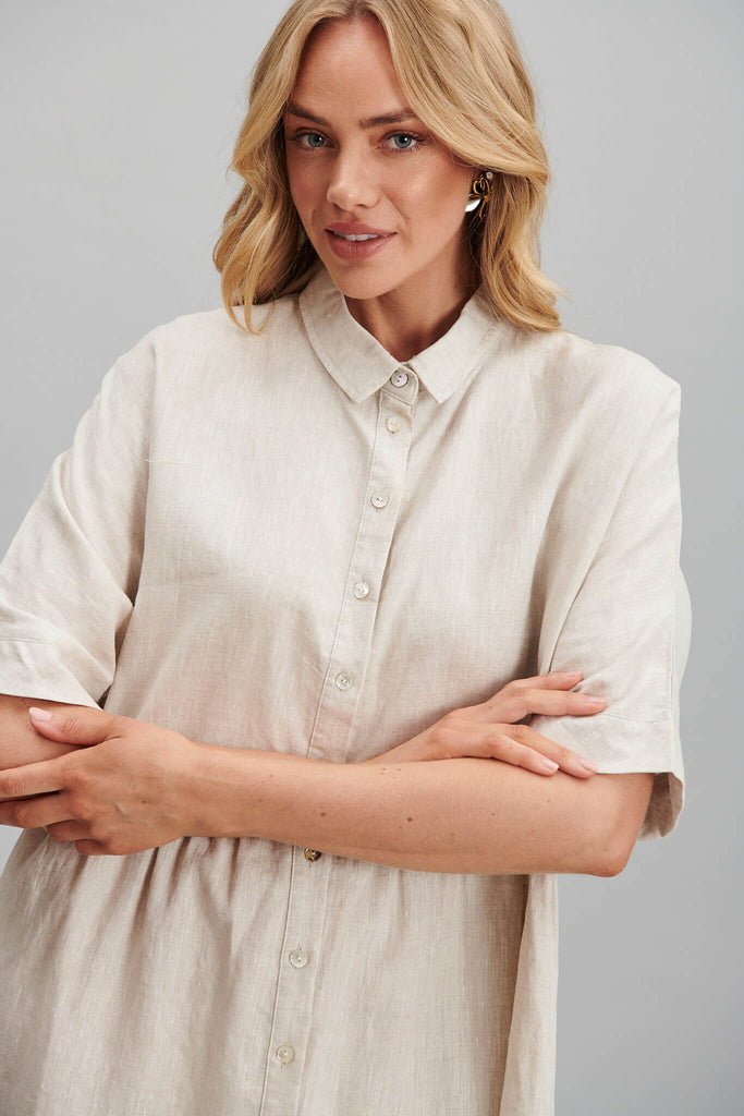 Simpson Smock Dress In Oatmeal Pure Linen - detail