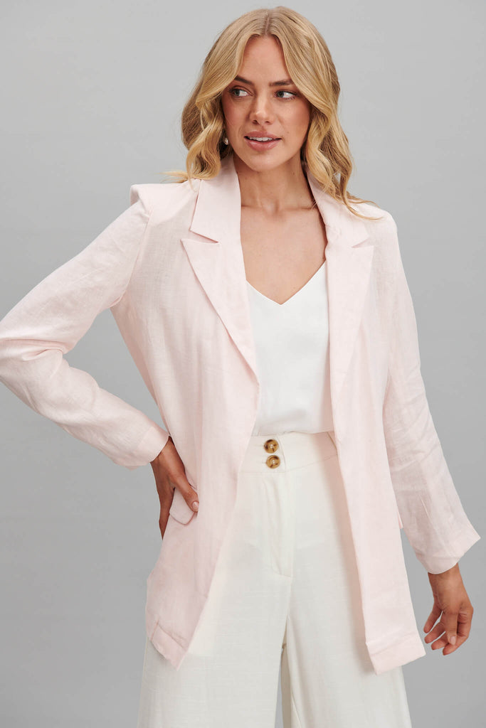 Belmore Blazer In Pale Pink Pure Linen - front