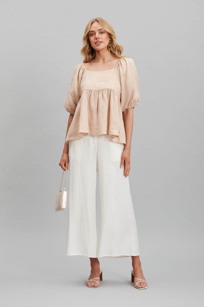 Oracle Top In Beige Pure Linen - full length
