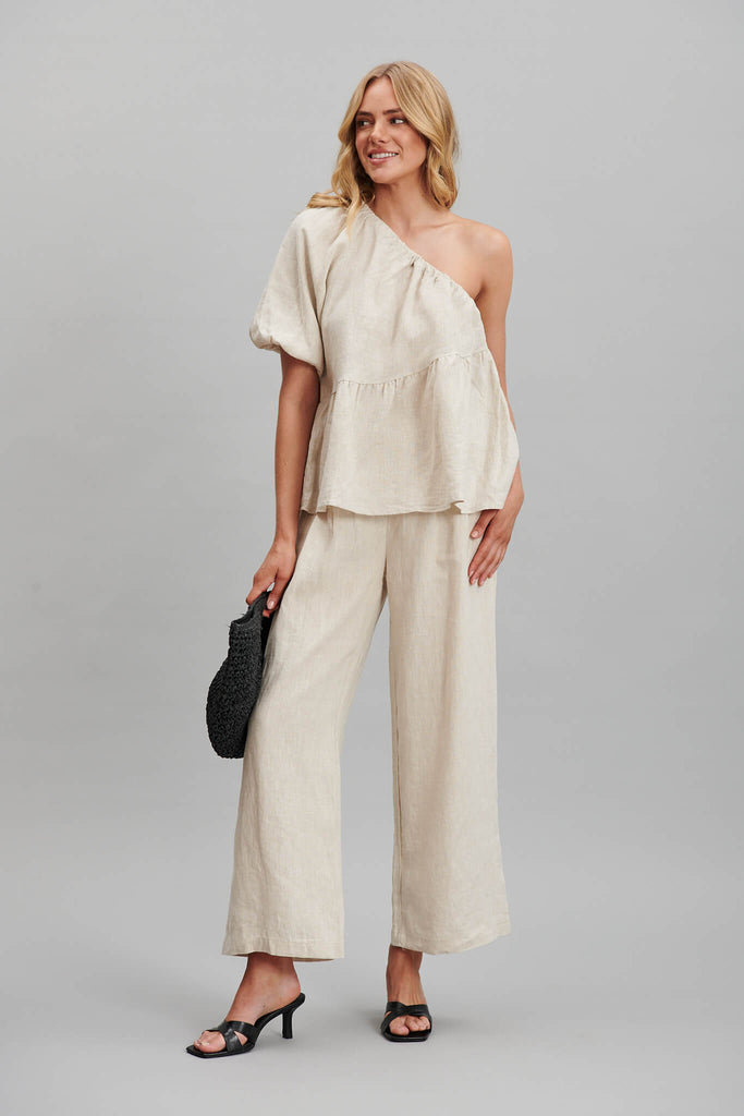Quest One Shoulder Top In Oatmeal Pure Linen - full length